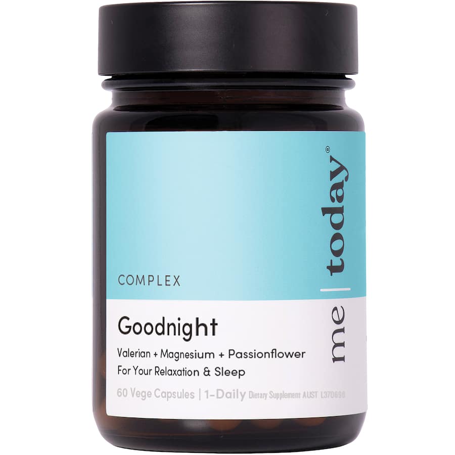 Capsules labeled "Me Today Goodnight" promote restful sleep with Valerian root and Magnesium for relaxation and tranquility.