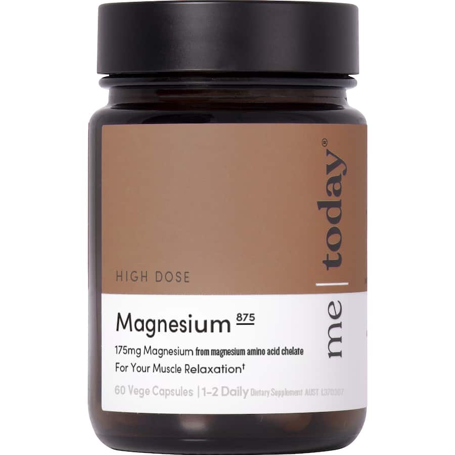 Me Today High Dose Magnesium Capsules, delivering 875mg magnesium for muscle and nerve support, promoting relaxation and wellness.