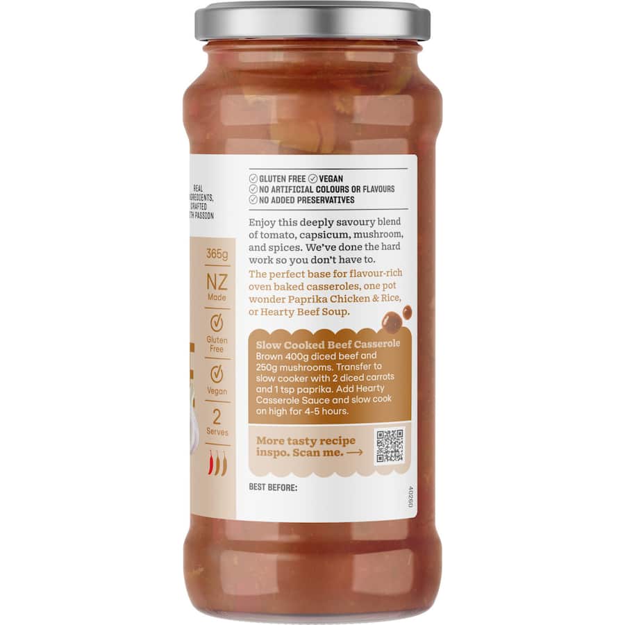 Barkers Meal Sauce Hearty Casserole, a gluten-free sauce for rich, flavorful casseroles and easy meal preparation.