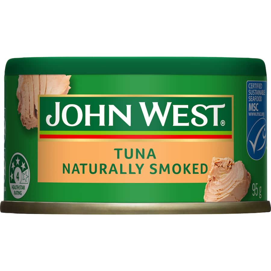 A can of John West Tempters Tuna Naturally Smoked, showcasing premium flaked tuna rich in omega-3s for healthy meals.