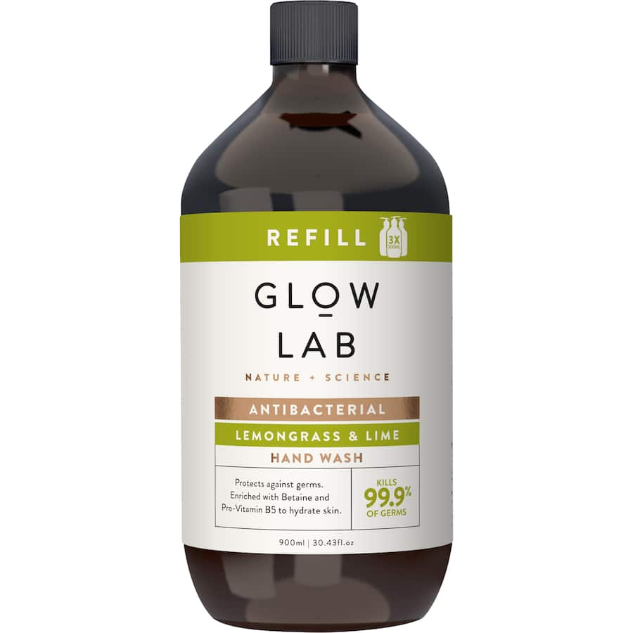 Antibacterial hand wash refill with lemongrass and lime, hydrating and protecting skin against 99.9% of germs.