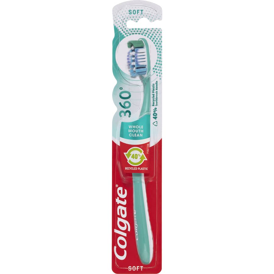 Colgate 360 Whole Mouth Clean Toothbrush with soft bristles for thorough cleaning of teeth, tongue, and gums, eco-friendly design.