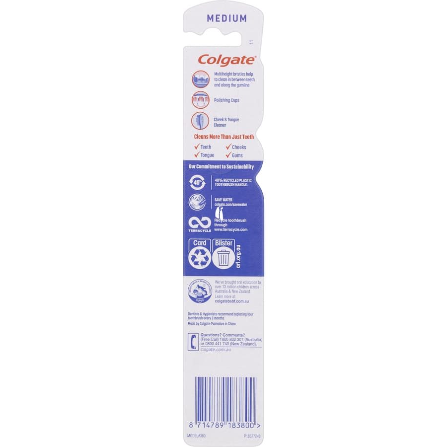 Colgate 360 Whole Mouth Clean Toothbrush with medium bristles for effective cleaning of teeth, gums, cheeks, and tongue.
