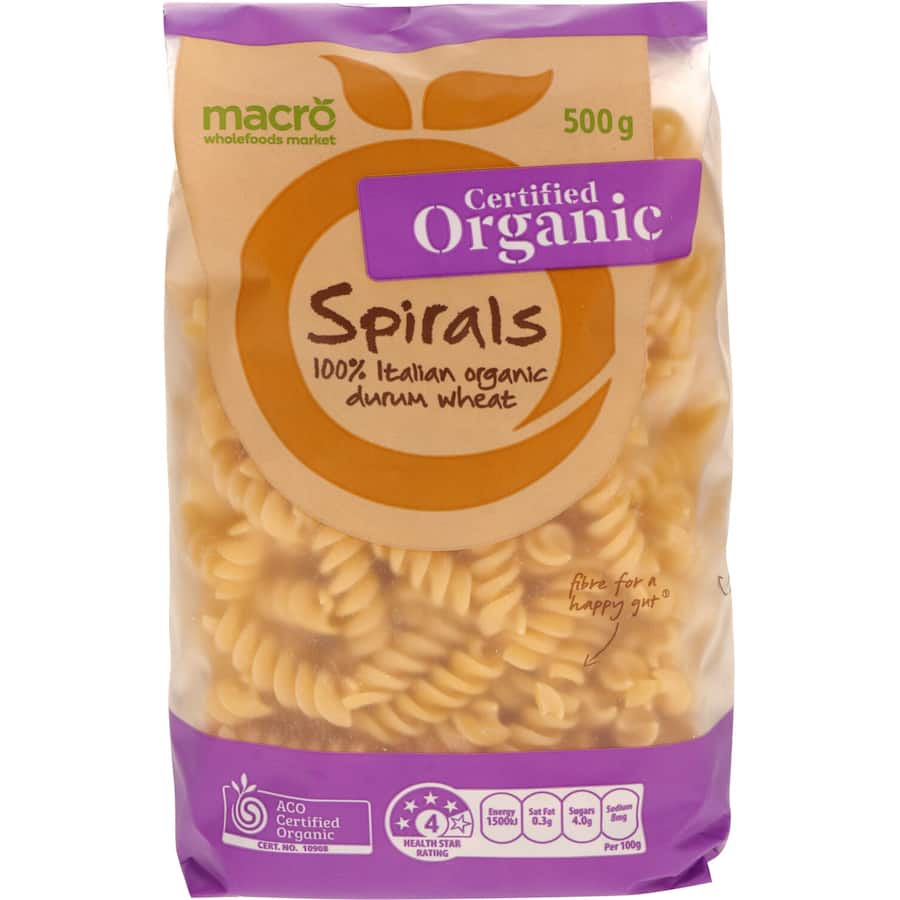Organic pasta spirals made from 100% Italian ingredients, perfect for soups, salads, and sauces, rich in fiber and protein.