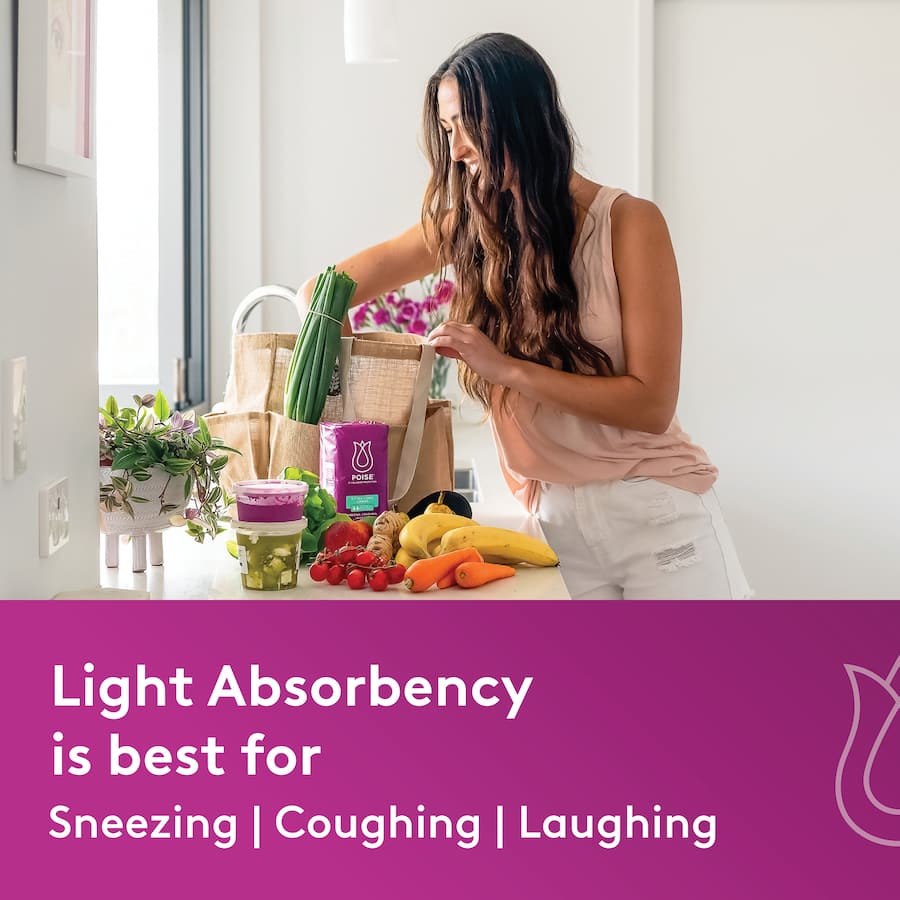 Poise Women's Continence Pads Light Liners offer discreet, ultra-thin absorbent protection for light bladder leakage on the go.