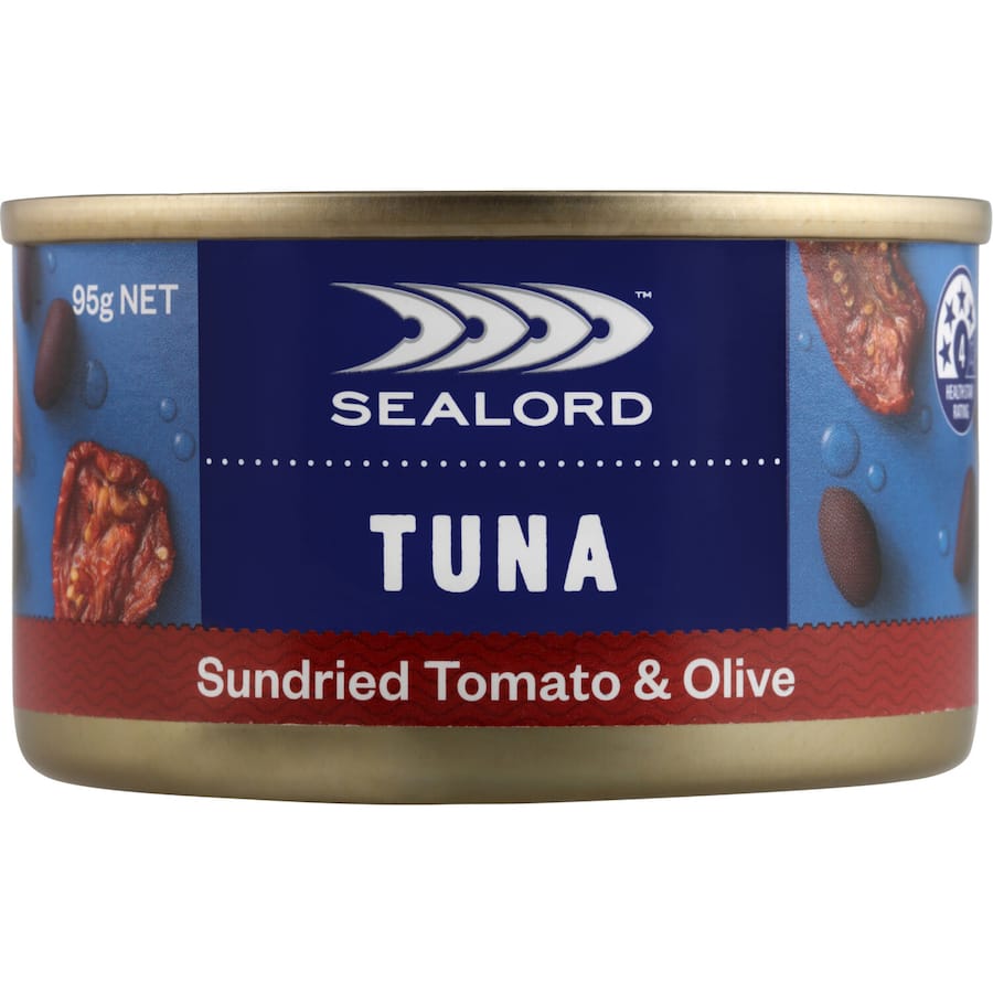 Gourmet canned tuna with sundried tomatoes, black olives, and capers for Mediterranean-inspired meals and snacks.