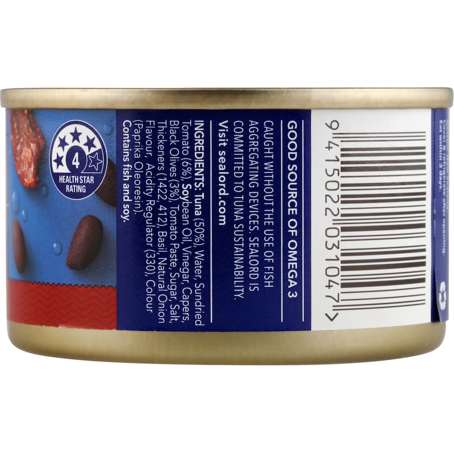 Gourmet canned tuna with sundried tomatoes, olives, and capers for quick Mediterranean-inspired meals.