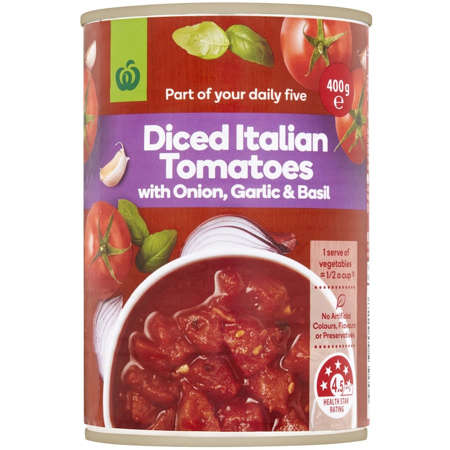 Woolworths Diced Tomatoes in Basil, Garlic & Onion for wholesome pasta sauces, soups, and stews, free of artificial additives.