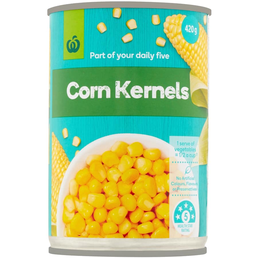 Woolworths Corn Sweet Kernels: tender, sweet, ready-to-use corn perfect for side dishes, salads, and soups, with no additives.