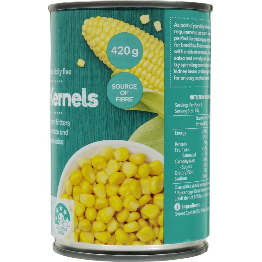 Woolworths Corn Sweet Kernels in a bowl, showcasing tender, sweet corn ideal for meals, salads, and fritters, with no additives.