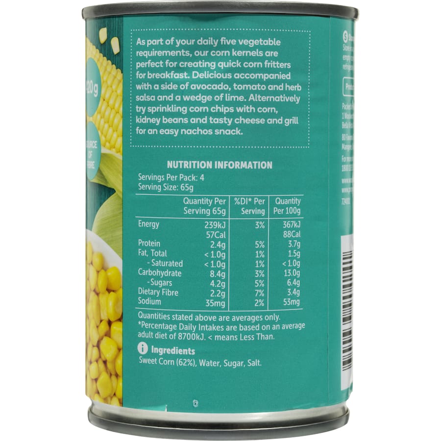 Delicious Woolworths Corn Sweet Kernels, perfect for sides, salads, and fritters, packed with fiber and no artificial additives.