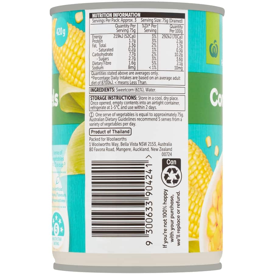 Woolworths Corn Sweet Kernels - tender, sweet corn perfect for side dishes, salads, soups, and healthy, quick meals.