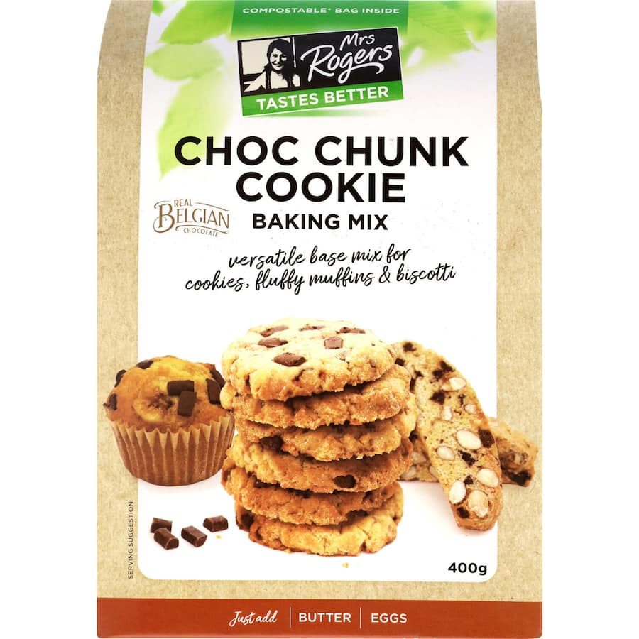 Mrs Rogers Baking Mix Bases Choc Chunk, featuring premium ingredients and decadent chocolate chunks for easy, delicious baking.
