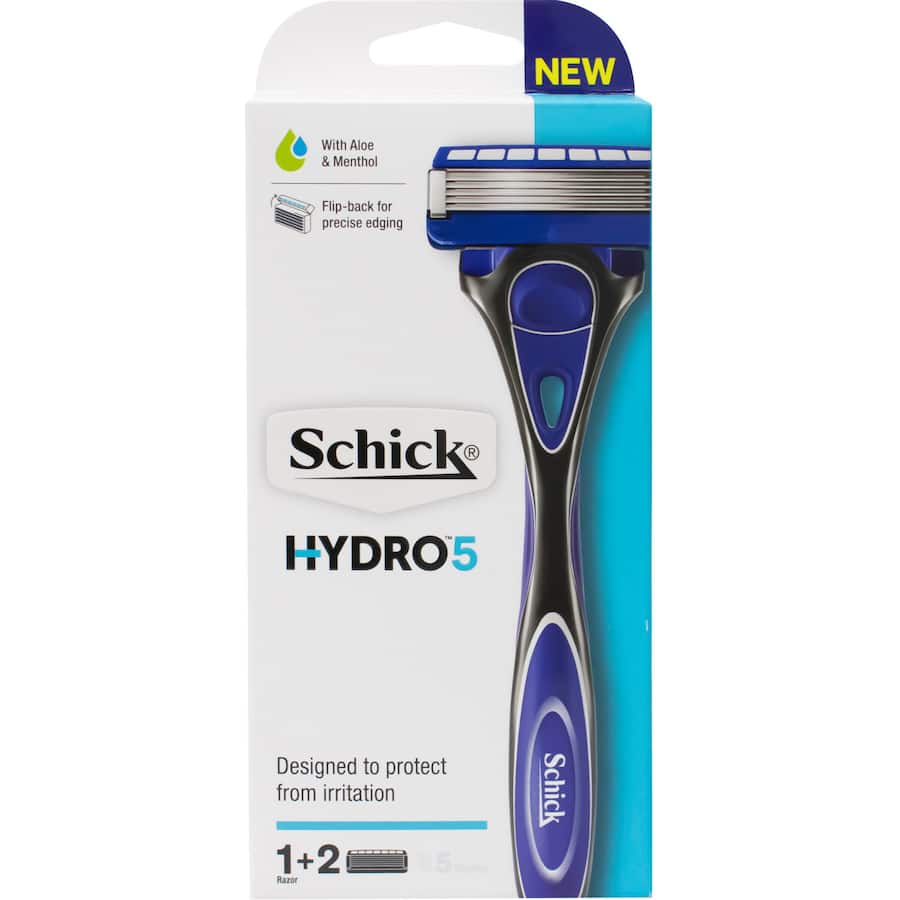 Schick Hydro 5 Base Kit with five blades for a smooth, irritation-free shave and ergonomic handle for enhanced control.