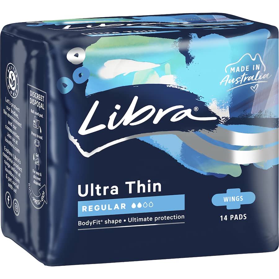 Libra Ultra Thin Pads with Wings offer discreet comfort and reliable leak protection for medium-flow days.