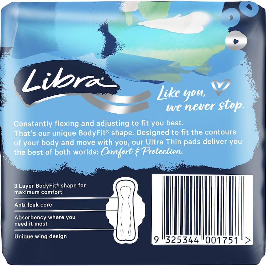 Libra Ultra Thin Pads with Wings, designed for comfort and security during medium-flow days with a Bodyfit® shape.