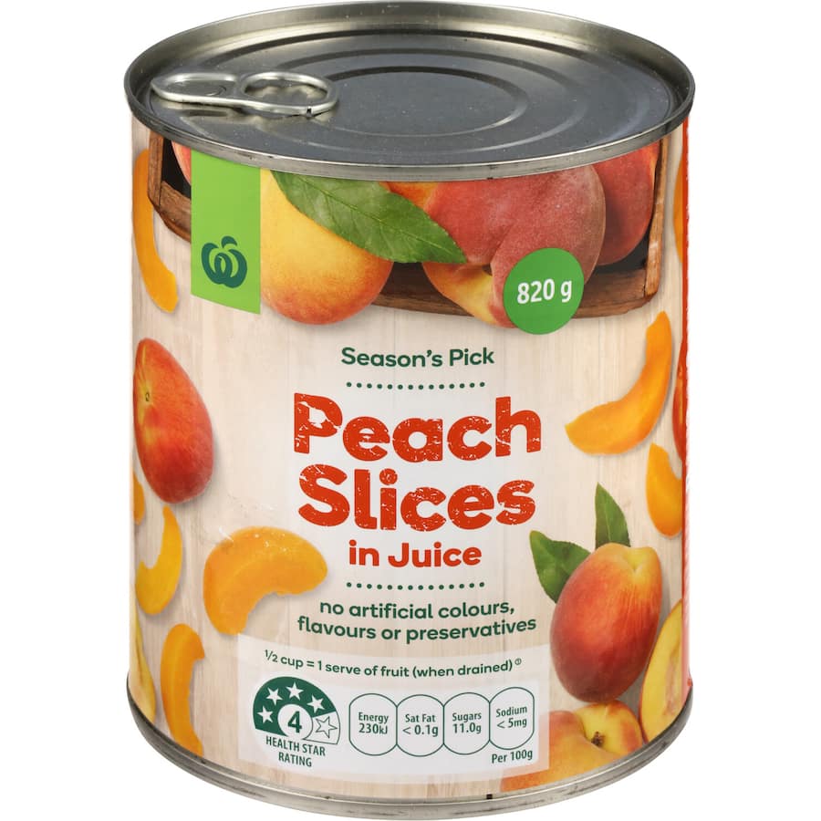 Woolworths Peaches Slices in Juice: succulent peach slices packed in juice, perfect for snacks, breakfast, salads, and desserts.
