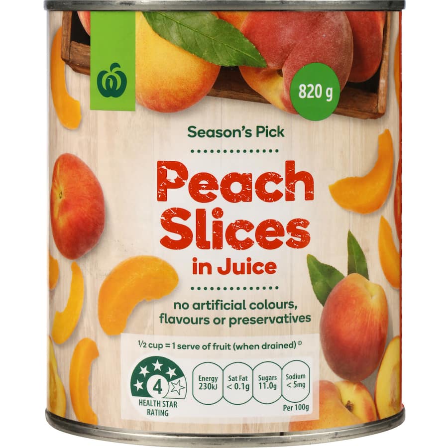 Woolworths peach slices in juice, perfect for snacks, breakfasts, and desserts, made with no artificial additives.