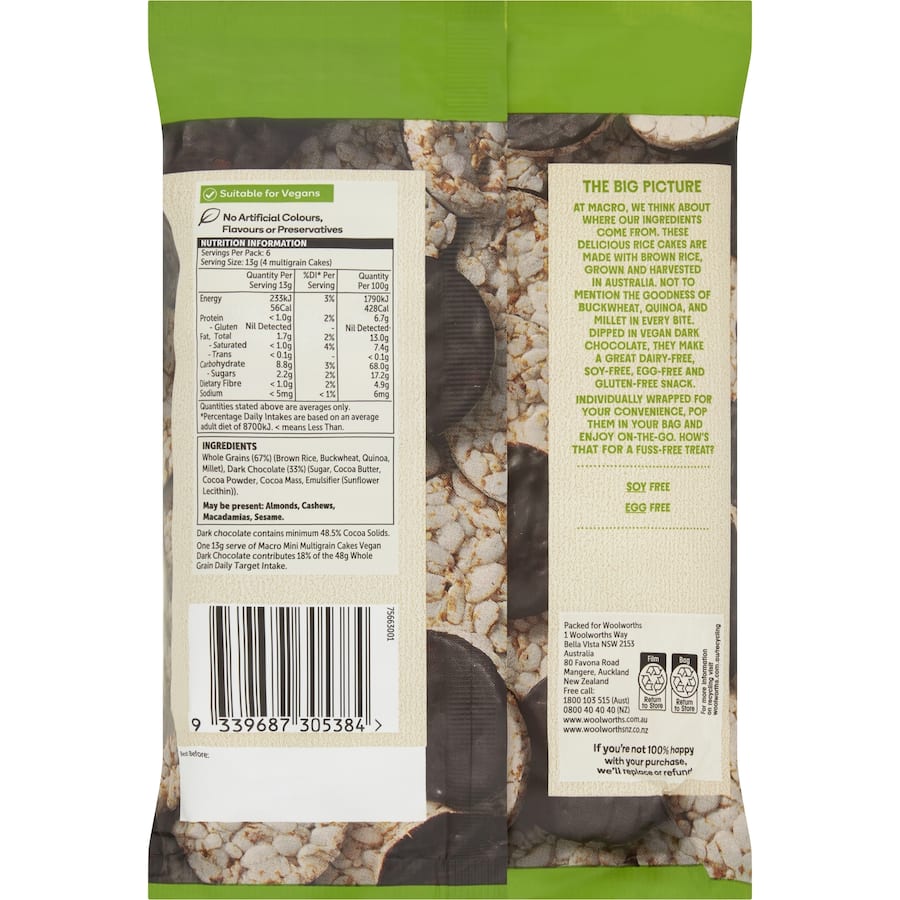 Macro Mini Multigrain Rice Cakes Vegan Dark Chocolate 78g 6x4pk