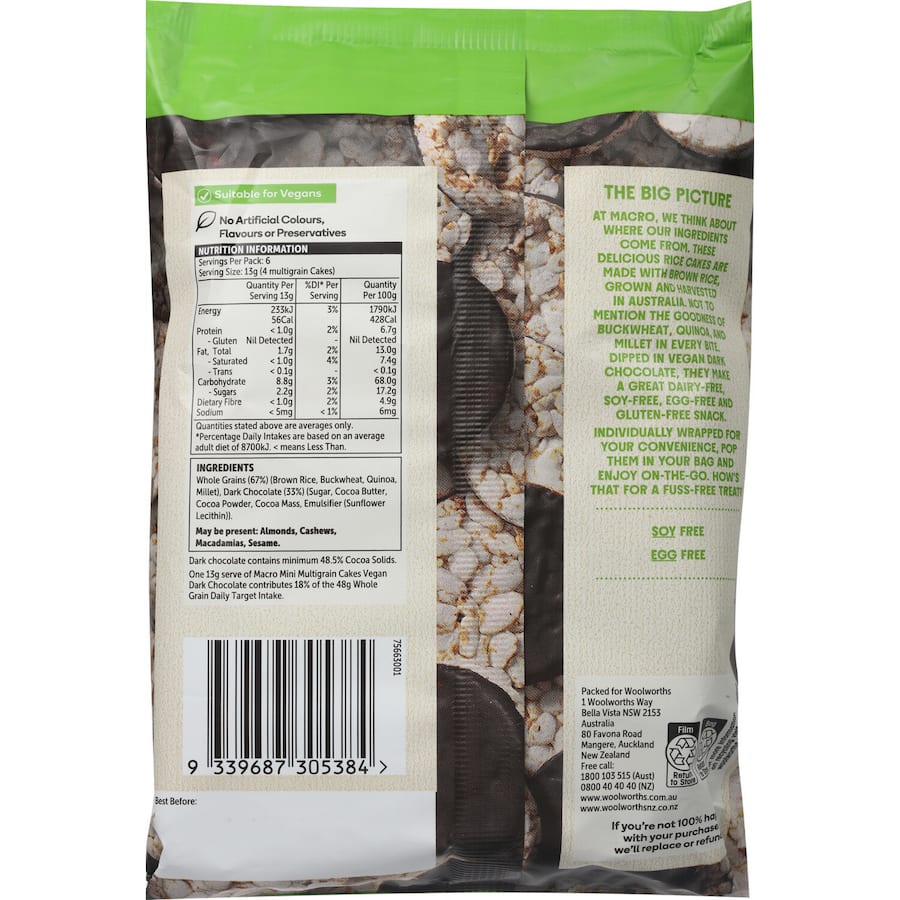 Macro Mini Multigrain Rice Cakes Vegan Dark Chocolate 78g 6x4pk