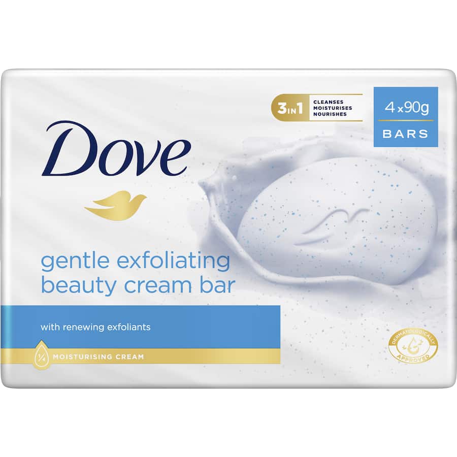 Dove Exfoliating Soap Bar with moisturizing cream and exfoliating beads for soft, smooth, and revitalized skin.