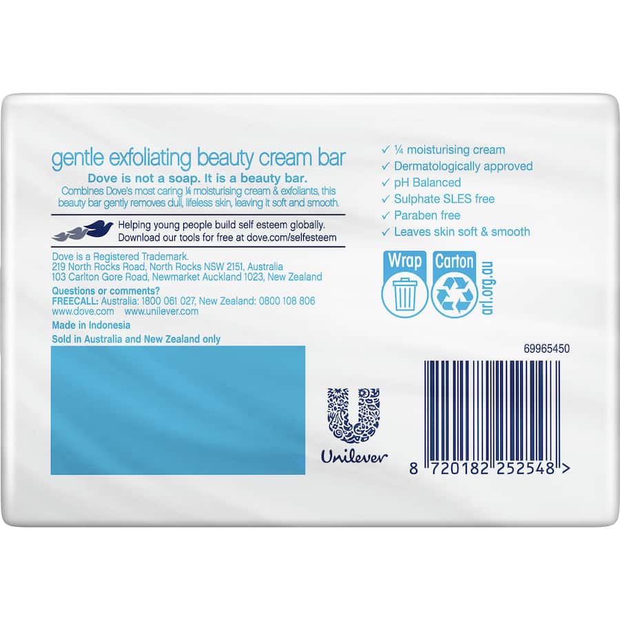 Dove Exfoliating Soap Bar featuring gentle beads and moisturizing cream for soft, smooth, revitalized skin.