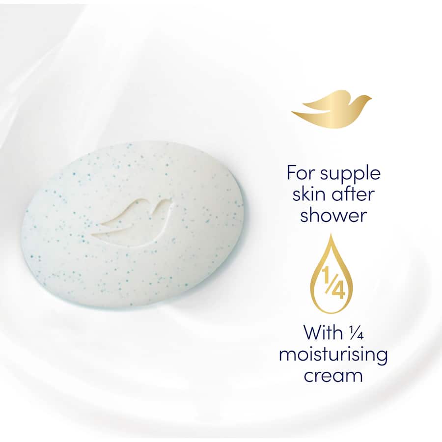 Dove Exfoliating Soap Bar featuring moisturizing cream and gentle exfoliating beads for soft, smooth skin.