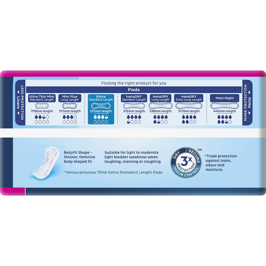 TENA Pads Extra Standard Length offer discreet, comfortable protection for women with medium bladder weakness, ensuring confidence all day.