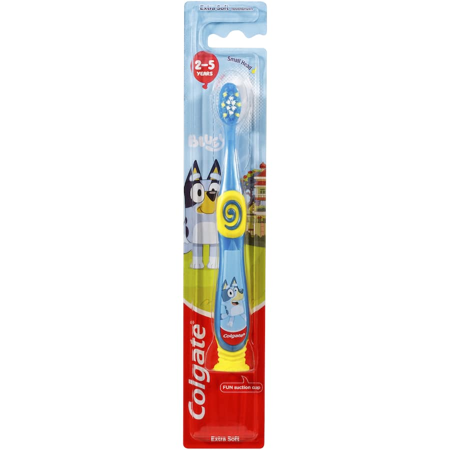 Colgate Junior Smiles Kids Toothbrush featuring Bluey, designed for ages 2-5 with extra soft bristles and ergonomic grip.