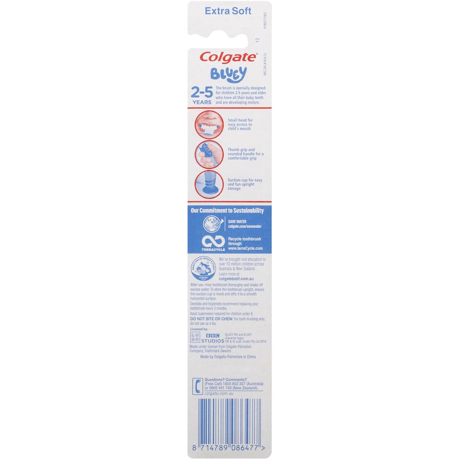 Colgate Junior Smiles Kids Toothbrush featuring Bluey, designed for ages 2-5 with extra soft bristles and ergonomic handle.