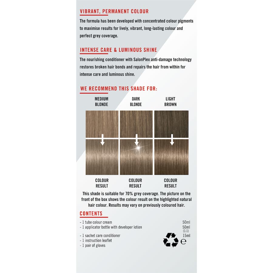 Permanent medium ash blonde hair dye with vibrant color, perfect grey coverage, and SalonPlex technology for healthy shine.