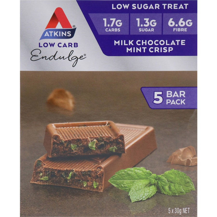 Atkins Endulge Choc Mint Protein Bar featuring crunchy mint crisps and creamy chocolate, low sugar and high protein snack.