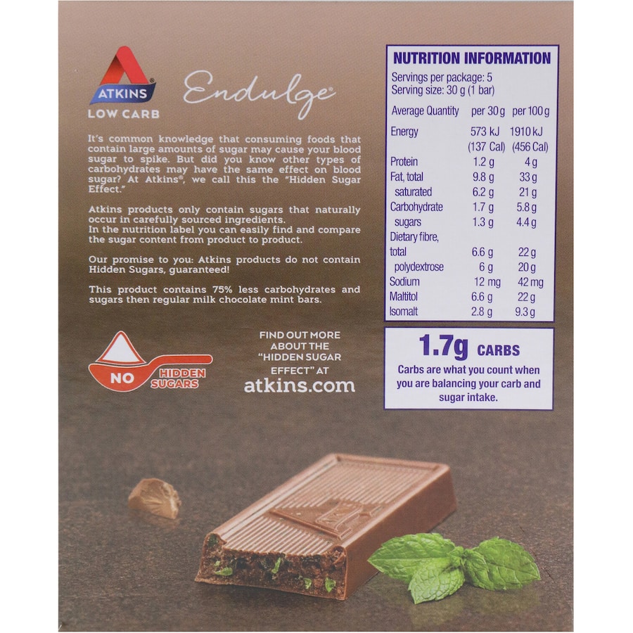 Atkins Endulge Choc Mint Protein Bar featuring creamy chocolate and crunchy mint crisps for a low sugar, high protein snack.