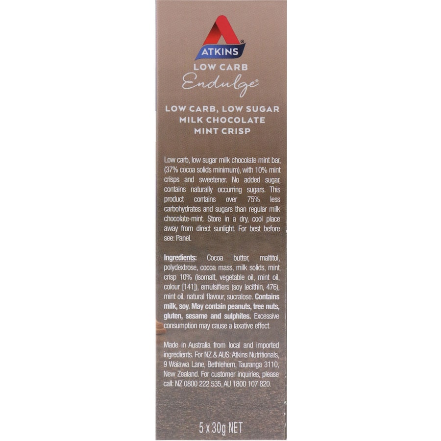 Atkins Endulge Protein Bar Choc Mint, featuring crunchy mint crisps and creamy chocolate, ideal for low sugar, high protein snacking.