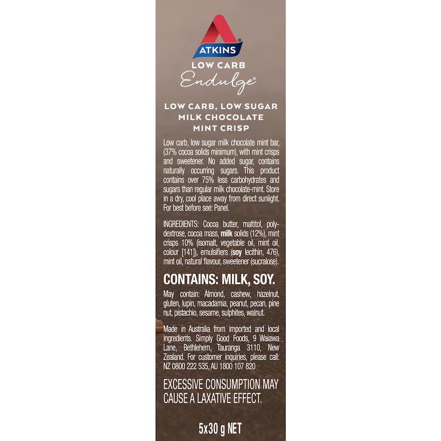 Atkins Endulge Choc Mint Protein Bar featuring crunchy mint crisps in creamy chocolate, perfect for low sugar indulgence.