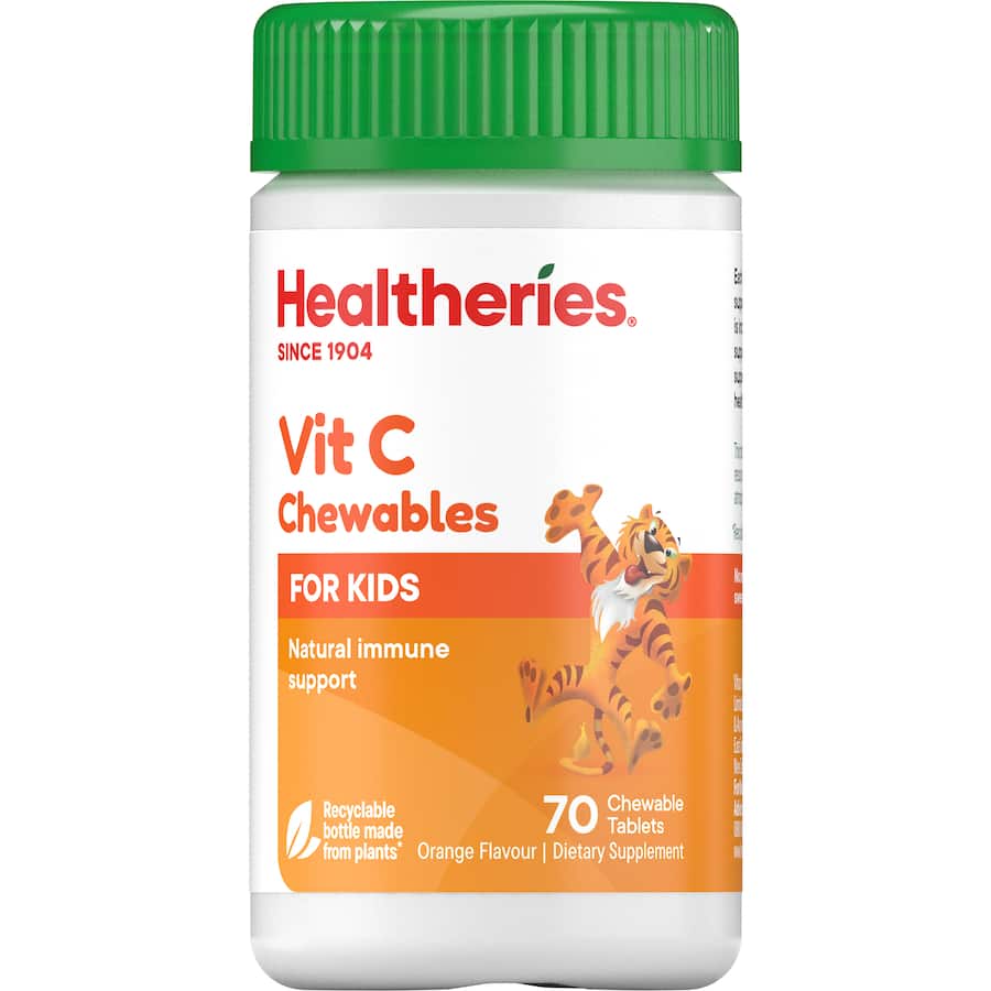 Healtheries Kidscare Vitamin C Tablets in fun shapes, supporting immune health with stomach-friendly ingredients for kids.