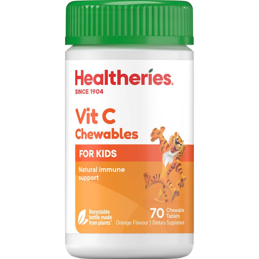 Colorful bottle of Healtheries Kidscare Vitamin C Tablets, promoting immune health and stomach-friendly for kids.