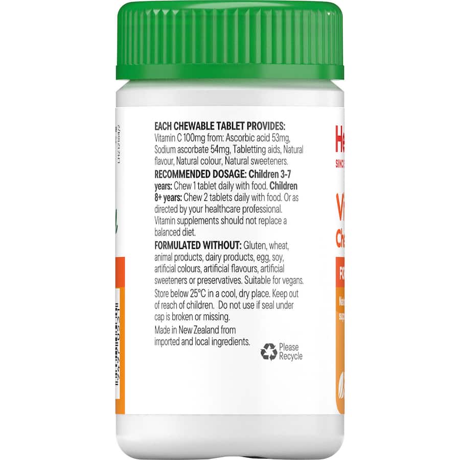 Healtheries Kidscare Vitamin C Tablets in fun flavors, supporting kids' immune health with stomach-friendly nutrients.