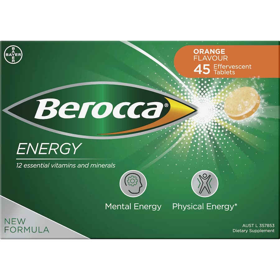 Effervescent Berocca Performance drink in orange flavor, packed with B vitamins and minerals for energy and mental sharpness.