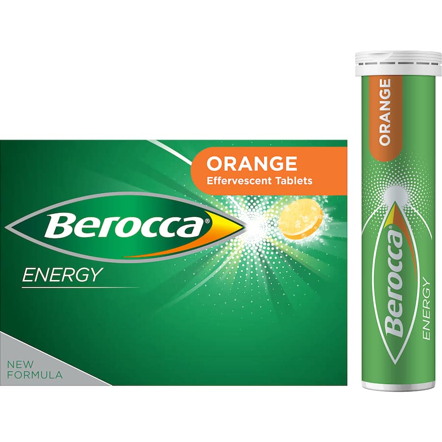 Effervescent orange vitamin supplement boosting energy, mental sharpness, and vitality for busy lifestyles.