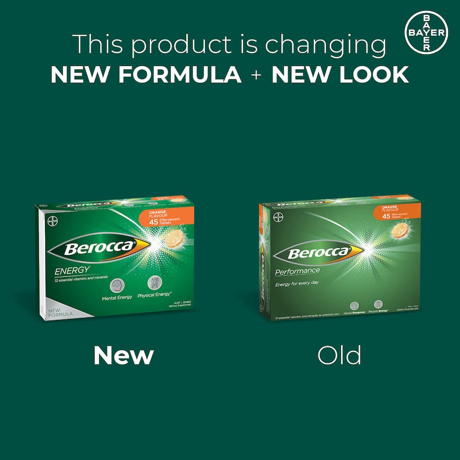 Effervescent orange vitamin supplement boosting energy and mental sharpness, enriched with B vitamins and minerals.