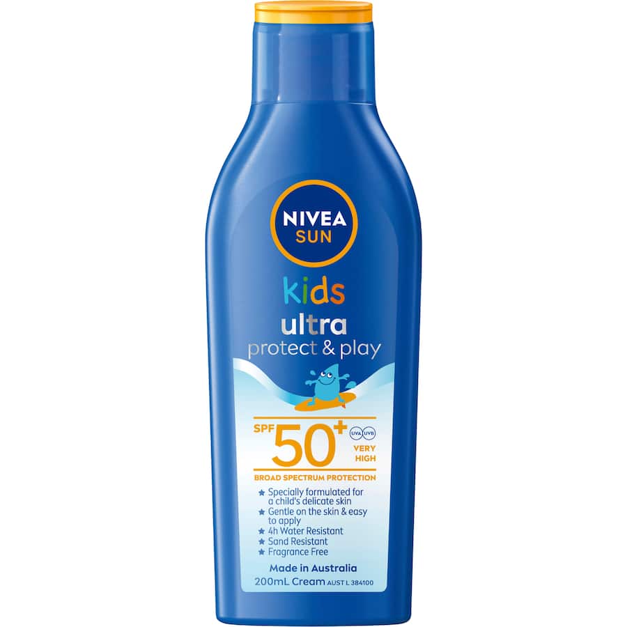 Nivea Sun Kids Sunscreen Ultra Protect & Play SPF 50+ offers high UVA/UVB protection for children's sensitive skin during outdoor play.