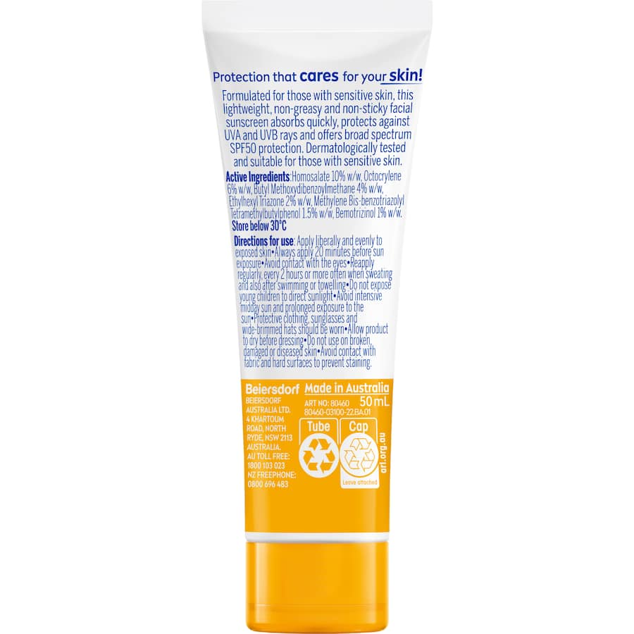Nivea Sun Sunscreen UV Face Sensitive SPF 50: Lightweight, non-greasy, broad-spectrum protection for sensitive facial skin.