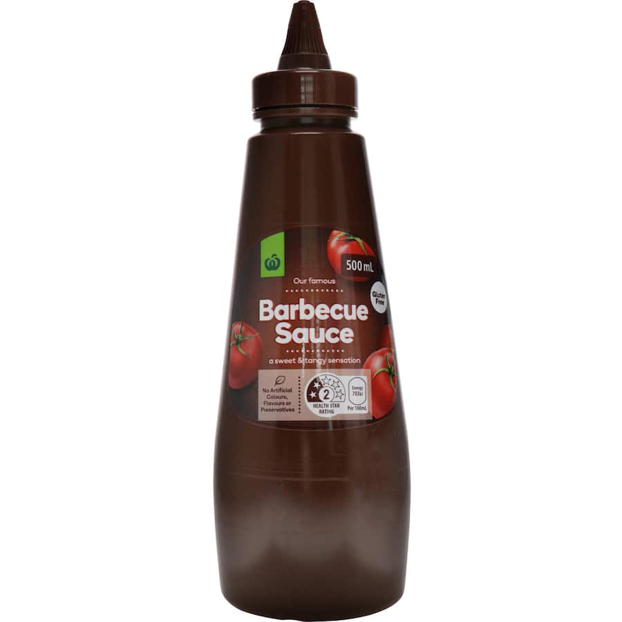 Woolworths BBQ Sauce Squeeze in a squeeze bottle, featuring a sweet and tangy flavor perfect for grilling and dipping.