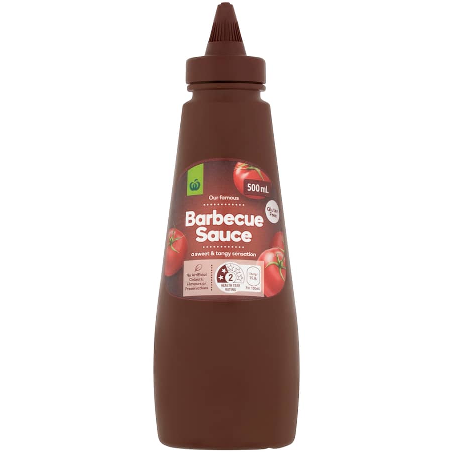 Woolworths BBQ Sauce Squeeze in a bottle, featuring a sweet and tangy flavor blend for enhancing grilled meats and veggies.