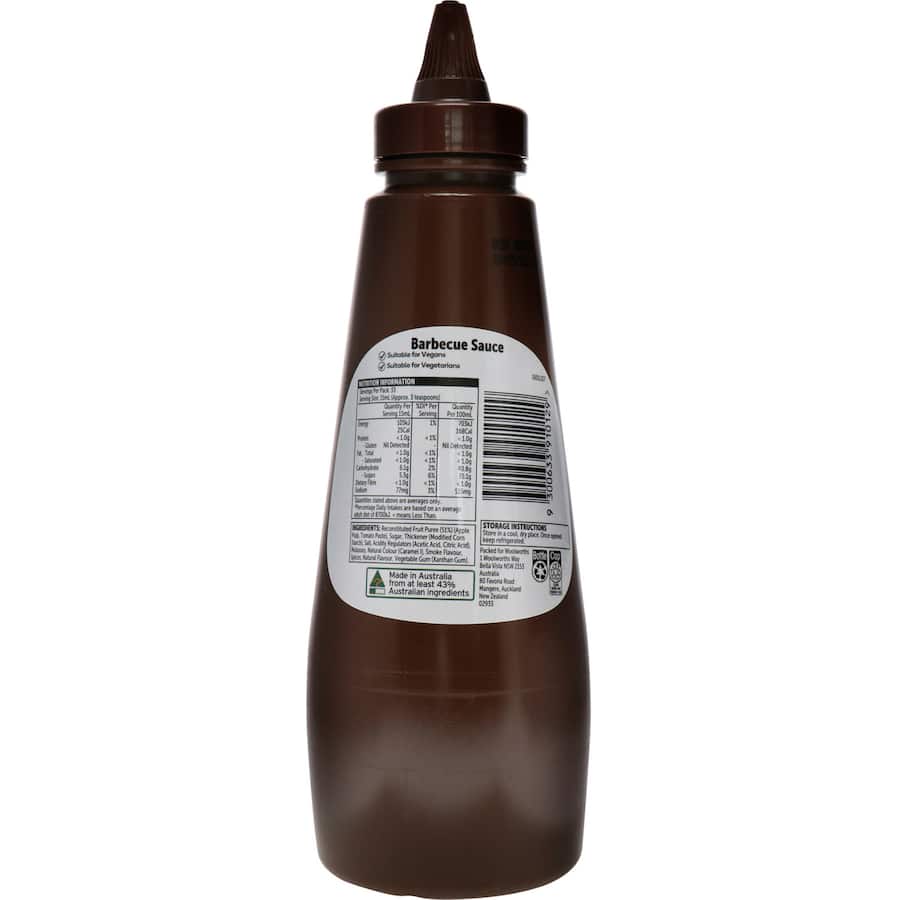 Woolworths BBQ Sauce Squeeze in a bottle, showcasing its sweet and tangy flavor for enhancing grilled meats and veggies.