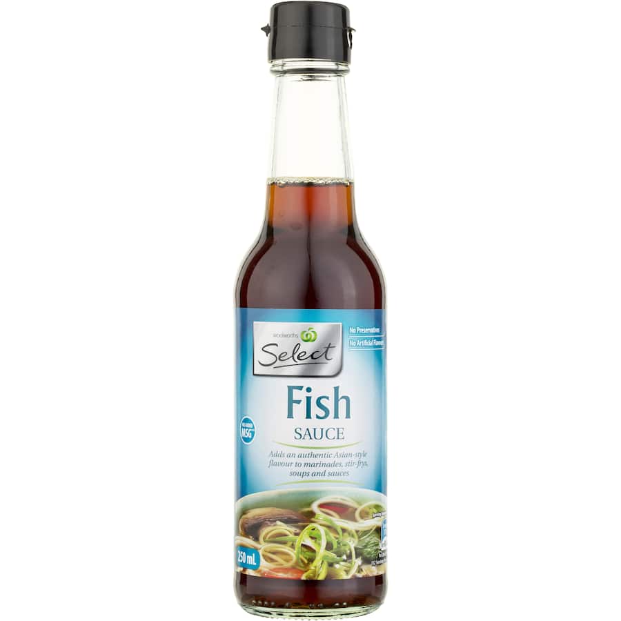 Woolworths Fish Sauce bottle, a savory, umami-rich condiment for marinades and sauces, free from MSG and artificial additives.
