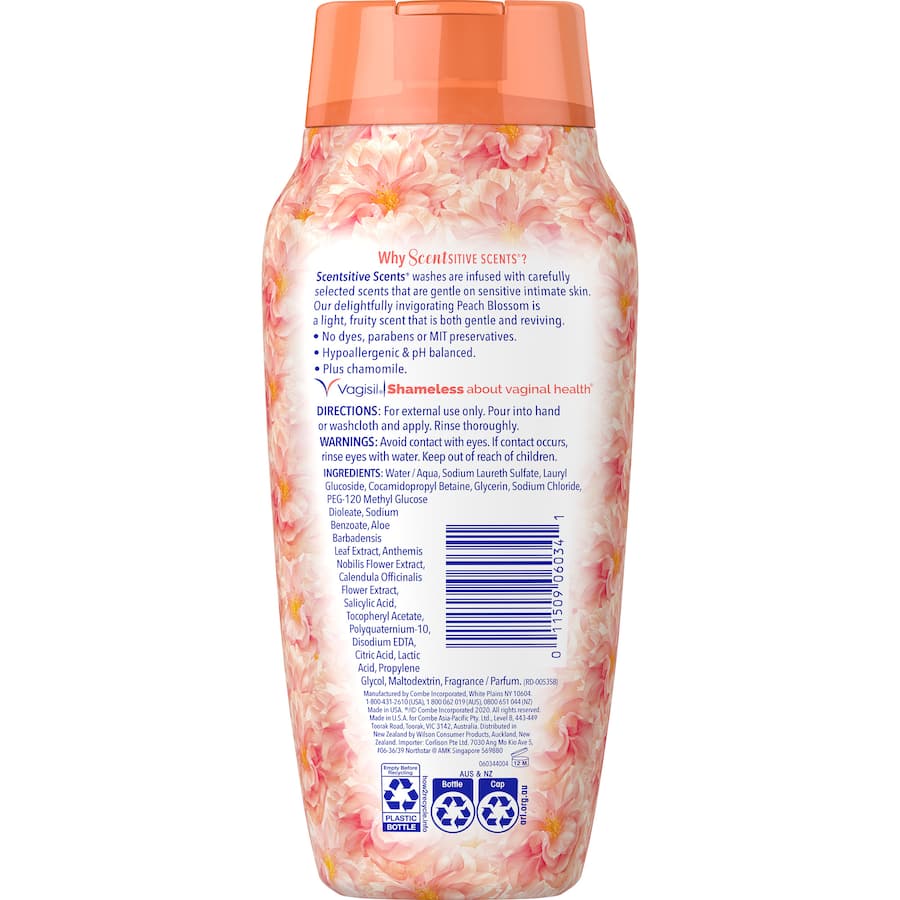 Vagisil Intimate Wash in Peach Blossom, a gentle, pH-balanced cleanser for sensitive skin with a refreshing fruity scent.