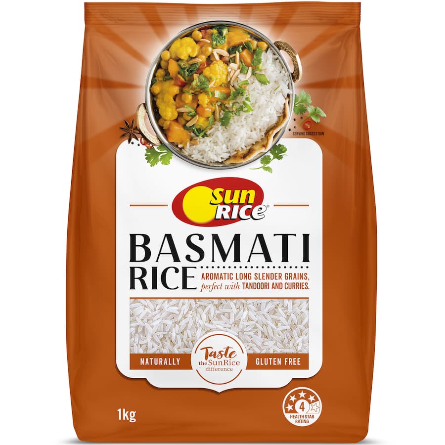 Aromatic Sunrice Basmati Rice, known for its long grains and light fluffy texture, perfect for flavorful Indian dishes.