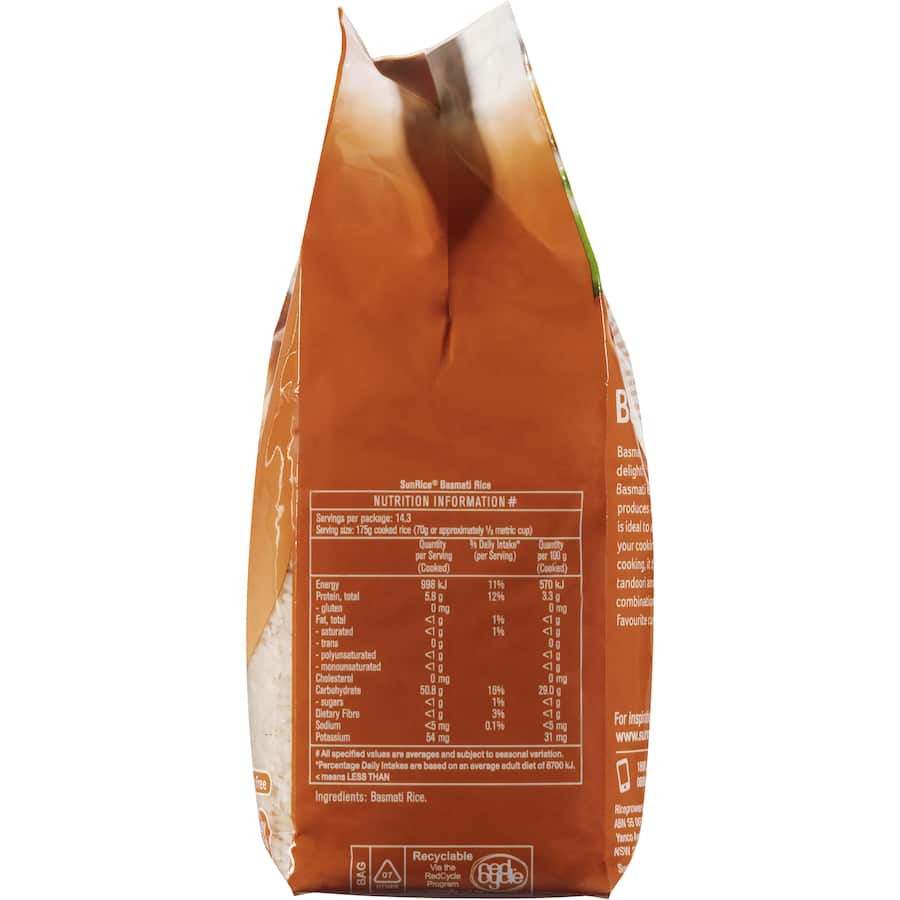 Aromatic Sunrice Basmati Rice, long grains ideal for biryani and pilaf, naturally gluten-free and perfect for flavorful dishes.